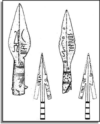 Punte di freccia con iscrizioni runiche. IV sec. a. C. L'alfabeto runico  detto FUTHARK dal nome delle prime sei lettere.