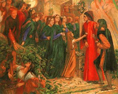 Beatrice incontra Dante ad una festa e gli nega il saluto - D. G. Rossetti 1855