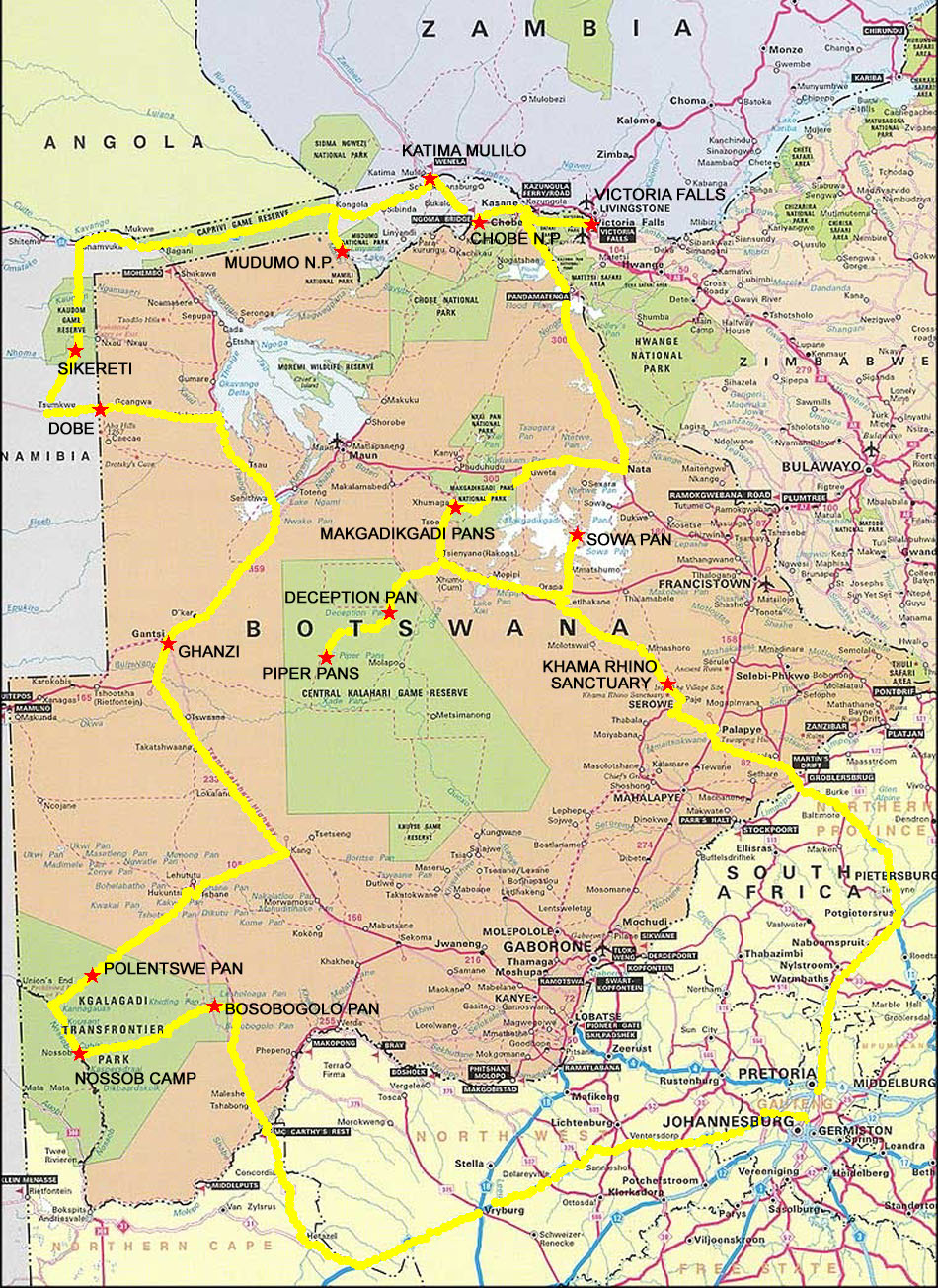 partenza da Johannesburg, percorso ad anello effettuato in senso orario, 6.500 Km totali